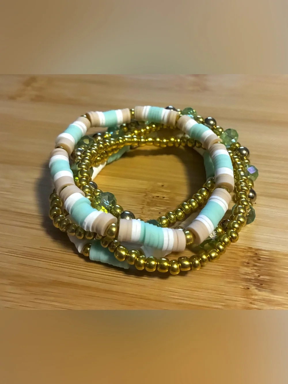 Gold and Mint Heishi Stackable Beaded Bracelet Set